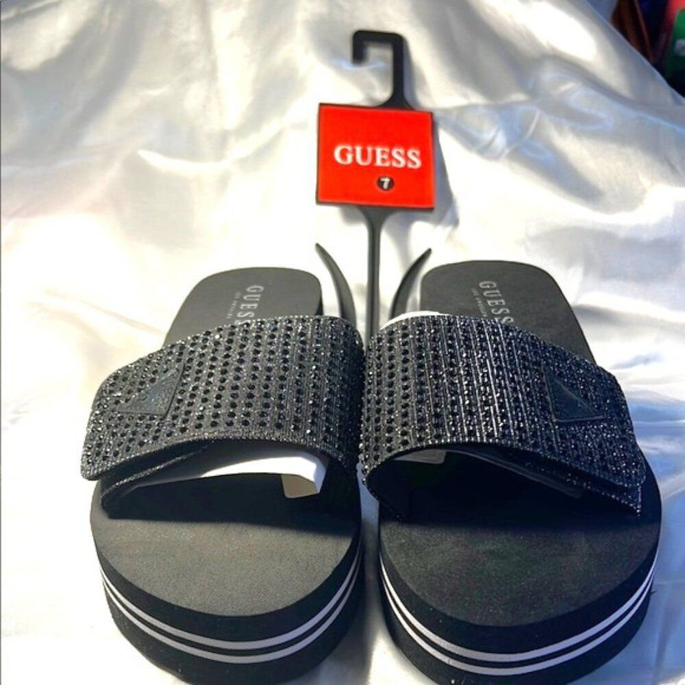 GUESS Womens Abet Rhinestone Slip On Slide Sandals Black 7 Medium